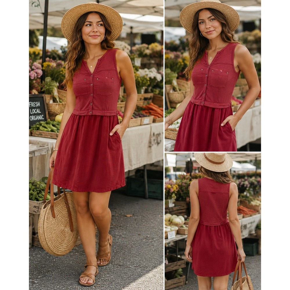 Saturday Sunday Anthro Highway Mini Day Dress Medium Berry Button Front Pockets